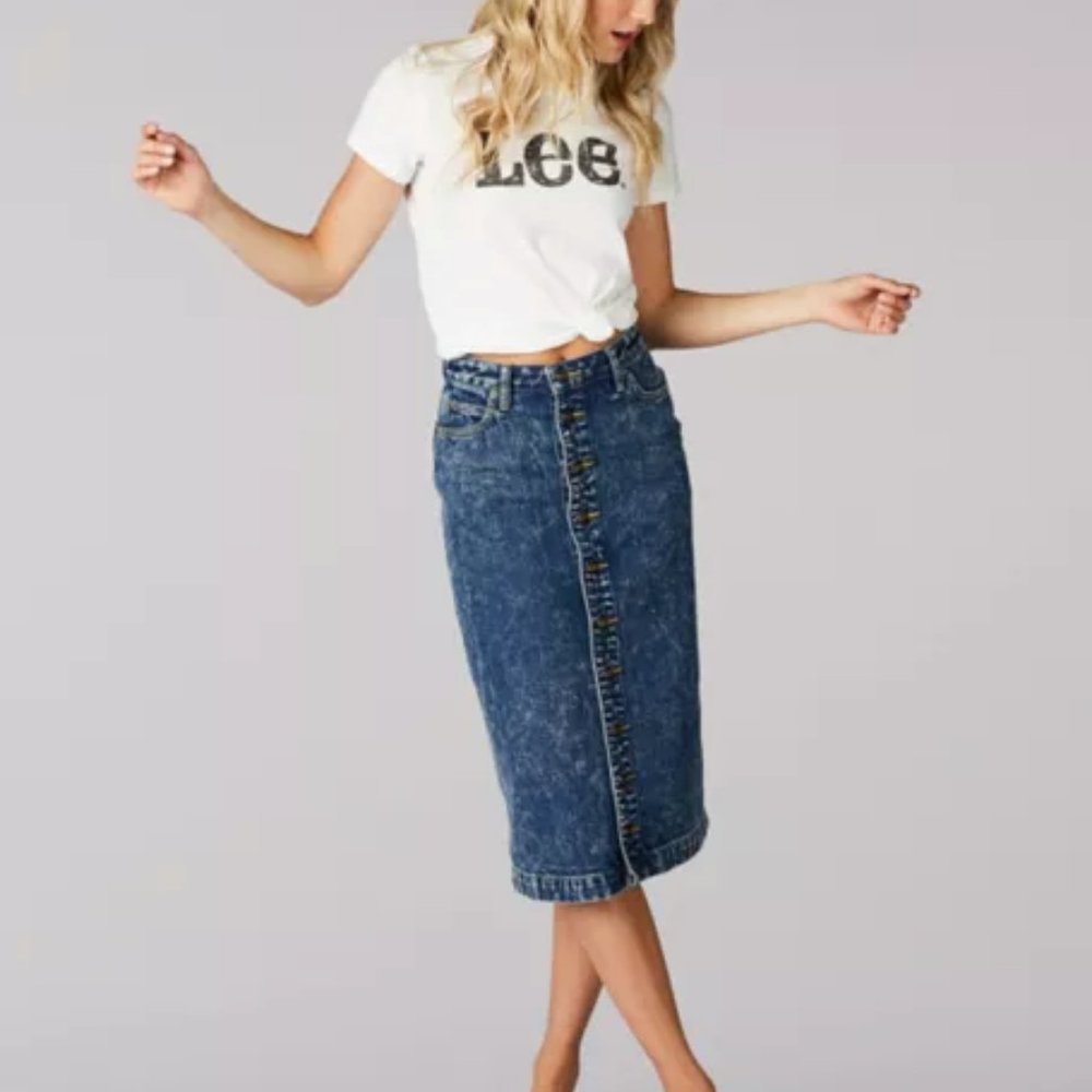 Lee Denim Full Button Front Midi Skirt Small